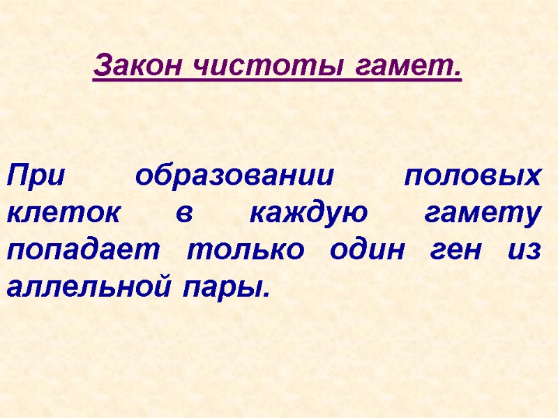 Закон чистоты гамет. При образовании половых клеток в каждую гамету попадает только один ген